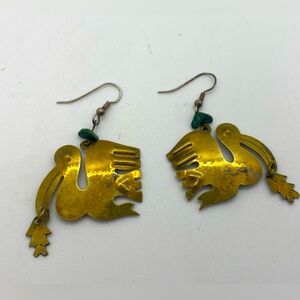 Vintage Mesoamerican Style Gold Tone Pelican Dangle Earrings, Folk Art, Bohemian